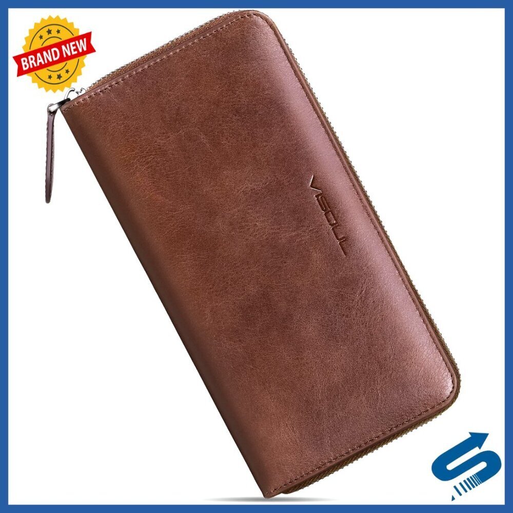 Leather Zipper Pouch Wallet RFID Blocking Large Clutch Cash Organizer